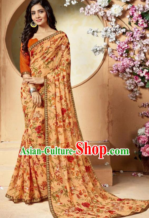 Indian Traditional Court Printing Apricot Chiffon Sari Dress Asian India National Festival Costumes for Women