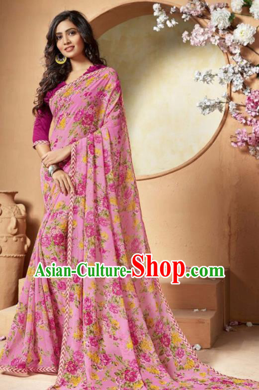 Indian Traditional Court Printing Roses Pink Chiffon Sari Dress Asian India National Festival Costumes for Women