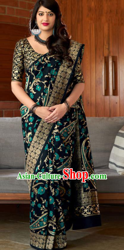 Traditional Indian Banarasi Saree Navy Silk Sari Dress Asian India National Festival Bollywood Costumes for Women