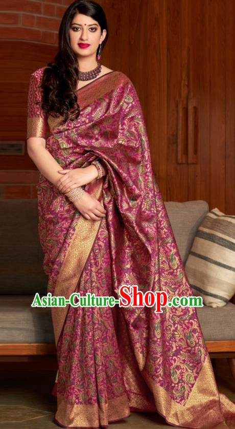 Traditional Indian Banarasi Saree Purple Silk Sari Dress Asian India National Festival Bollywood Costumes for Women
