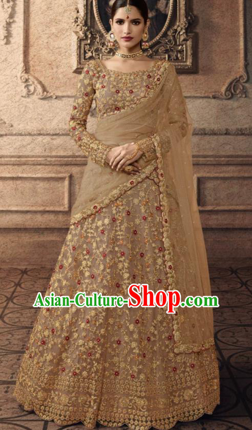 Traditional Indian Lehenga Embroidered Apricot Dress Asian India National Festival Costumes for Women