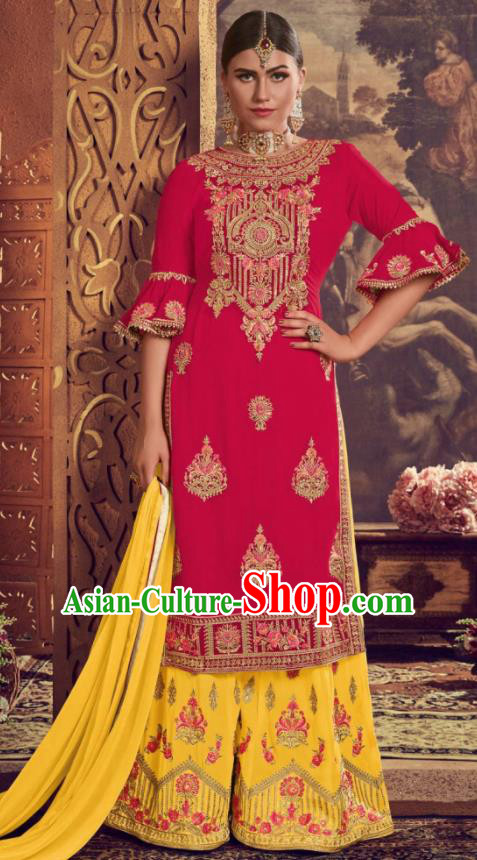Asian Indian Punjabis Embroidered Rosy Georgette Blouse and Yellow Pants India Traditional Lehenga Choli Costumes Complete Set for Women