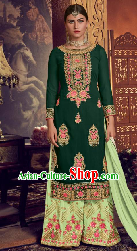 Asian Indian Punjabis Embroidered Green Georgette Blouse and Pants India Traditional Lehenga Choli Costumes Complete Set for Women