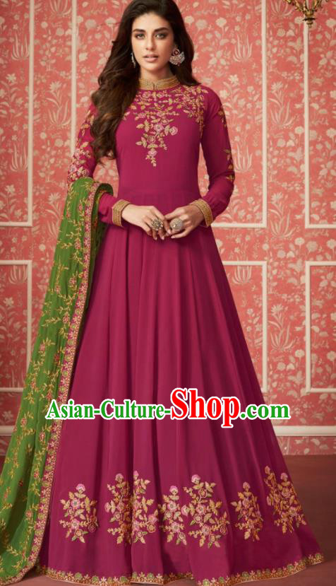 Indian Traditional Court Rosy Georgette Anarkali Dress Asian India National Festival Costumes for Women