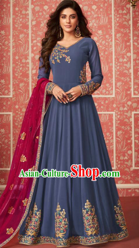 Indian Traditional Court Blue Georgette Anarkali Dress Asian India National Festival Costumes for Women