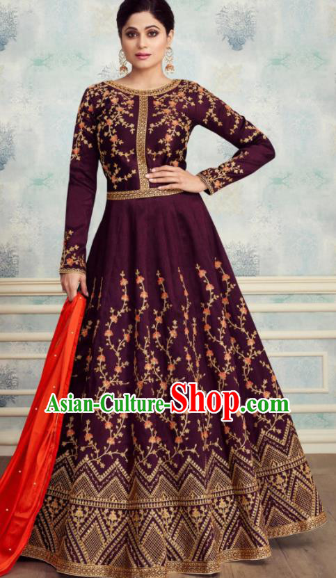 Indian Traditional Bollywood Court Purple Silk Anarkali Dress Asian India National Festival Costumes for Women