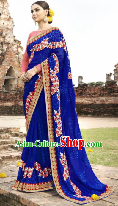 Indian Traditional Bollywood Court Royalblue Georgette Sari Dress Asian India National Festival Costumes for Women