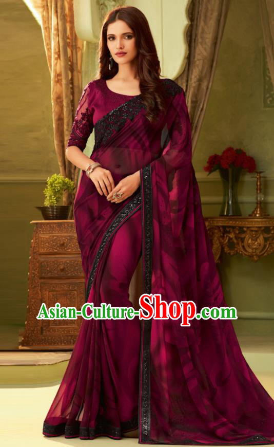 Indian Traditional Sari Bollywood Purple Silk Dress Asian India National Festival Costumes for Women