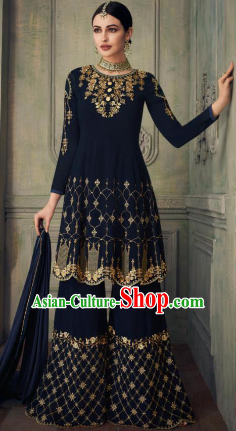 Asian Indian Punjabis Navy Blouse and Pants India Traditional Lehenga Choli Costumes Complete Set for Women