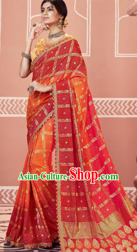 Indian Traditional Sari Bollywood Printing Red Dress Asian India National Festival Costumes for Women