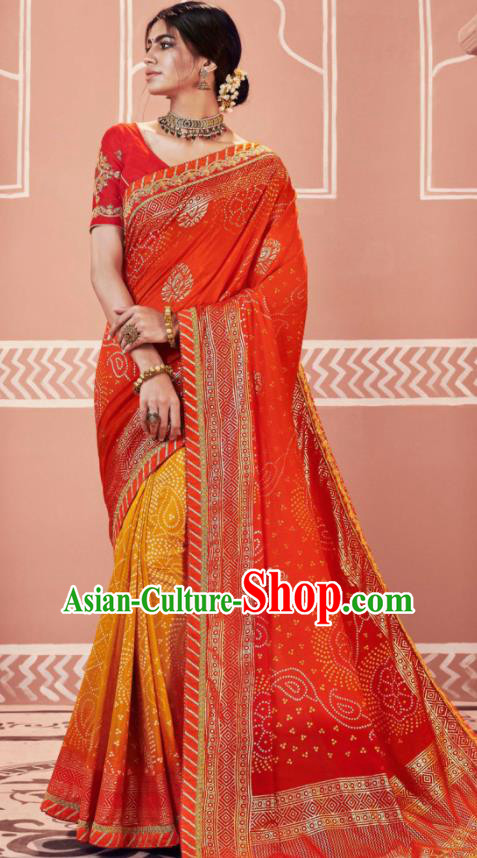 Indian Traditional Sari Bollywood Wedding Printing Red Dress Asian India National Festival Costumes for Women