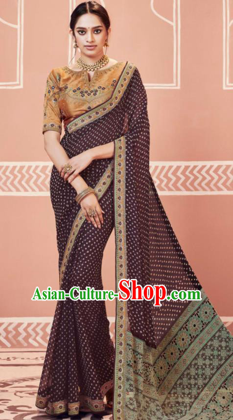 Indian Traditional Sari Bollywood Wedding Printing Deep Purple Dress Asian India National Festival Costumes for Women