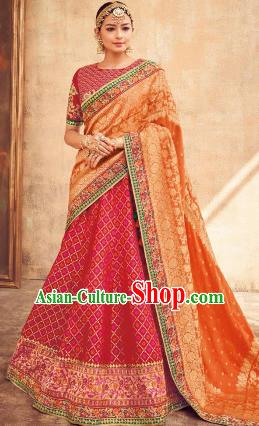 Indian Traditional Bollywood Lehenga Rosy Banarasi Silk Dress Asian India National Festival Costumes for Women
