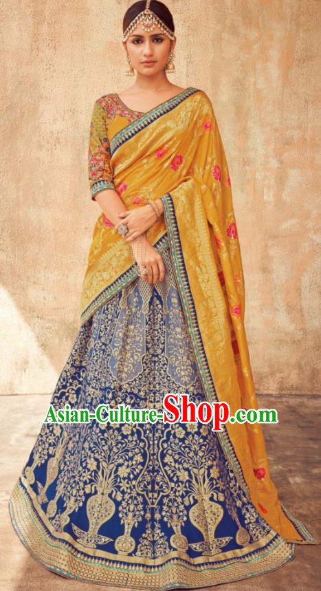Indian Traditional Bollywood Lehenga Royalblue Banarasi Silk Dress Asian India National Festival Costumes for Women