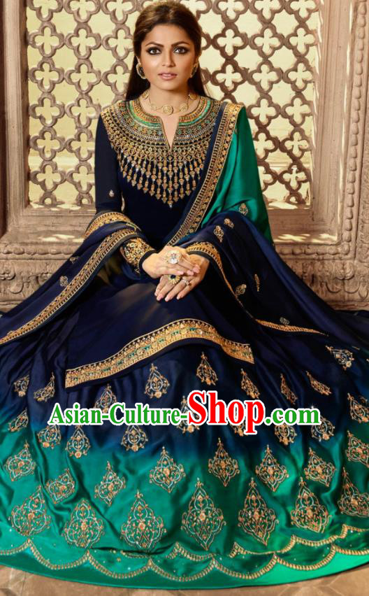 Asian Indian Embroidered Royalblue Satin Blouse and Green Skirt India Traditional Lehenga Choli Costumes Complete Set for Women