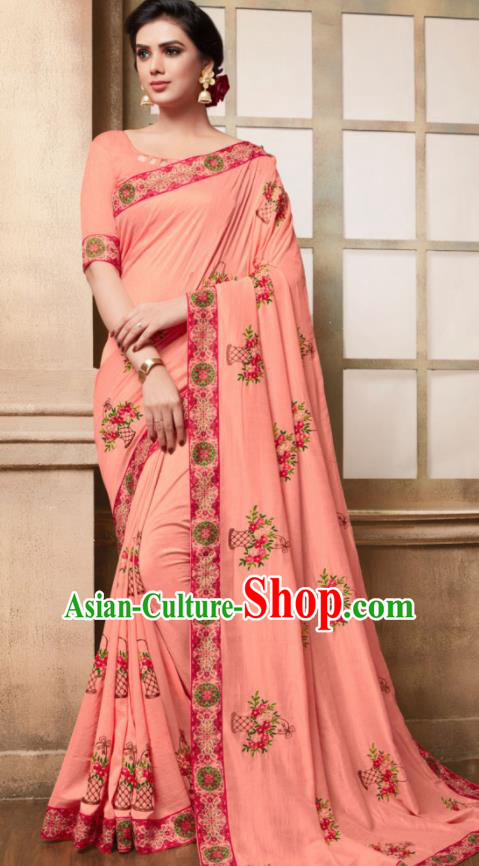 Indian Traditional Bollywood Embroidered Pink Silk Sari Dress Asian India National Festival Costumes for Women