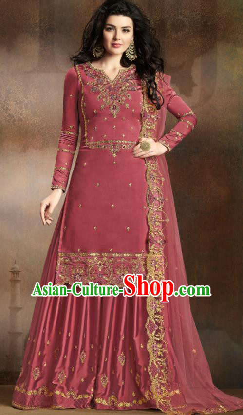 Asian Indian Traditional Embroidered Wine Red Satin Blouse and Loose Pants India Punjabis Lehenga Choli Costumes Complete Set for Women