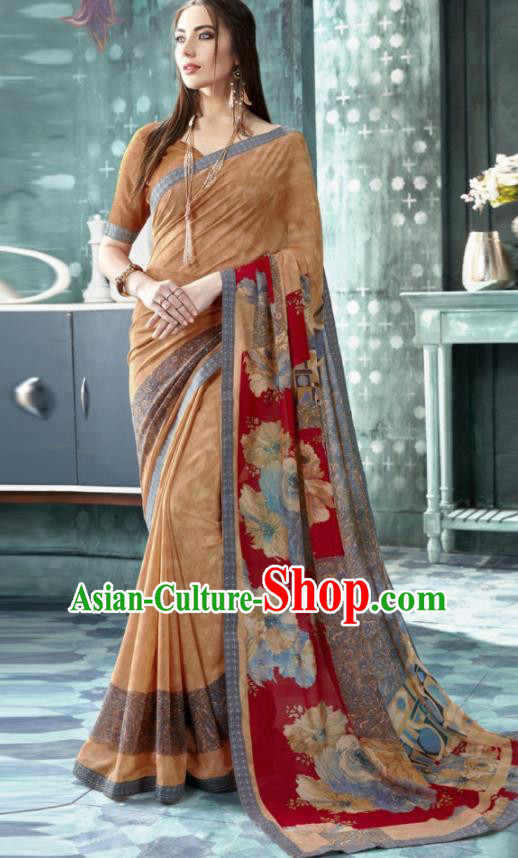Indian Traditional Bollywood Printing Sari Brown Dress Asian India National Festival Costumes for Women