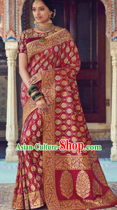 Indian Traditional Festival Wine Red Silk Sari Dress Asian India National Court Bollywood Costumes for Women