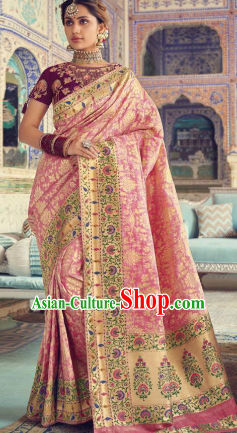 Indian Traditional Festival Peach Pink Silk Sari Dress Asian India National Court Bollywood Costumes for Women