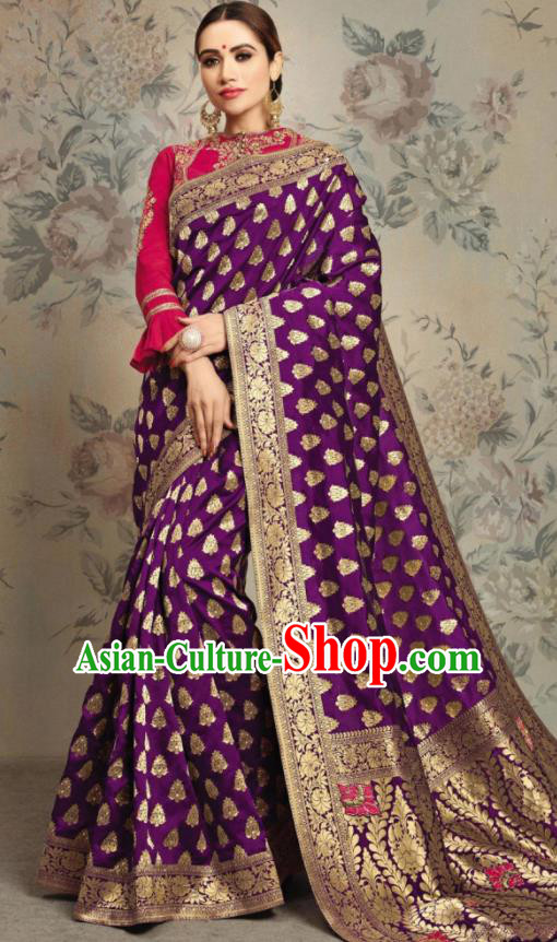 Indian Traditional Festival Jacquard Purple Sari Dress Asian India National Court Bollywood Costumes for Women