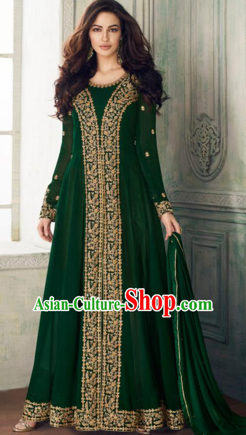 Indian Traditional Festival Embroidered Deep Green Anarkali Dress Asian India National Court Bollywood Costumes for Women