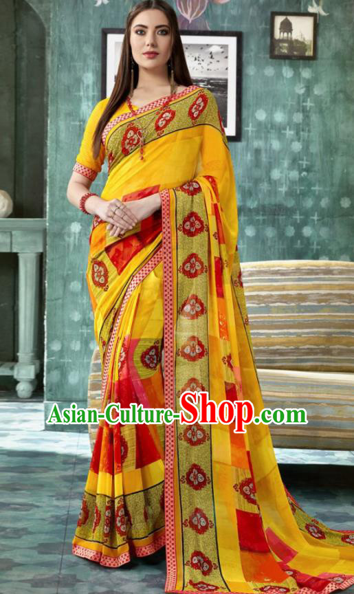 Indian Traditional Bollywood Printing Sari Yellow Dress Asian India National Festival Costumes for Women