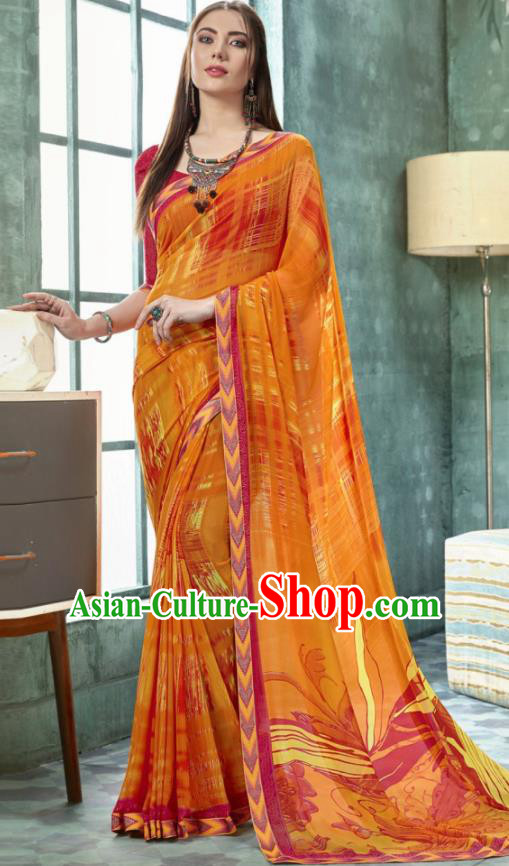 Indian Traditional Bollywood Printing Sari Orange Dress Asian India National Festival Costumes for Women