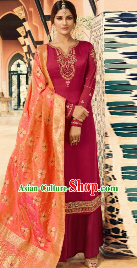 Indian Traditional Embroidered Wine Red Satin Blouse and Loose Pants India Punjabis Lehenga Choli Costumes Complete Set for Women