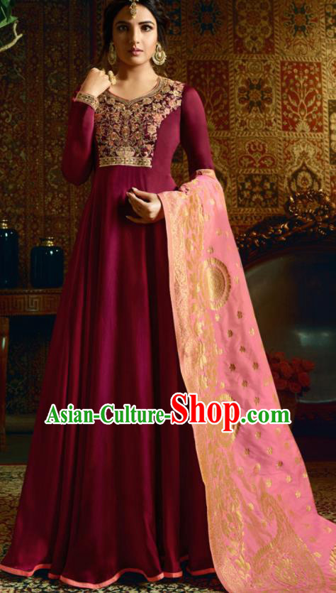 Indian Traditional Festival Rosy Satin Anarkali Dress Asian India National Court Bollywood Costumes for Women