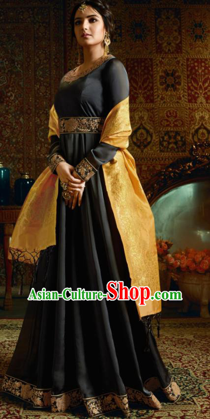 Indian Traditional Festival Black Satin Anarkali Dress Asian India National Court Bollywood Costumes for Women