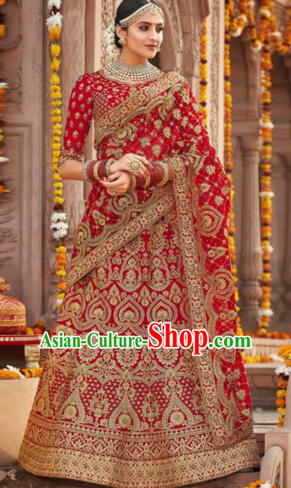 Indian Traditional Court Wedding Bride Lehenga Red Embroidered Dress Asian India National Bollywood Costumes for Women