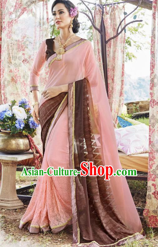 Traditional Indian Embroidered Pink and Brown Georgette Sari Dress Asian India National Bollywood Costumes for Women