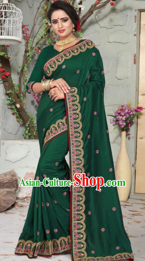 Traditional Indian Embroidered Green Silk Sari Dress Asian India National Bollywood Costumes for Women