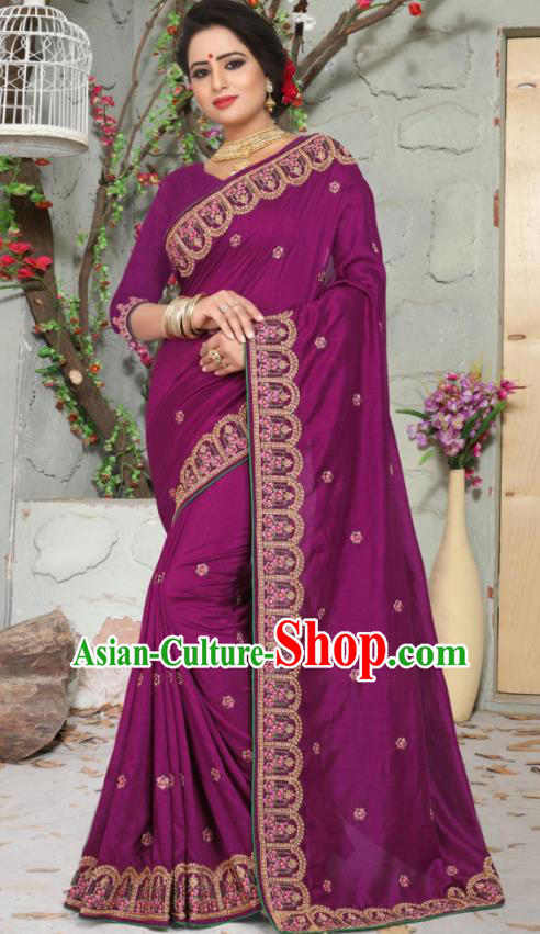 Traditional Indian Embroidered Purple Silk Sari Dress Asian India National Bollywood Costumes for Women