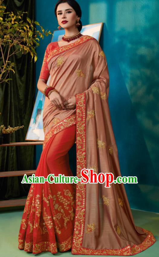 Traditional Indian Sari Embroidered Pink and Red Silk Dress Asian India National Bollywood Costumes for Women
