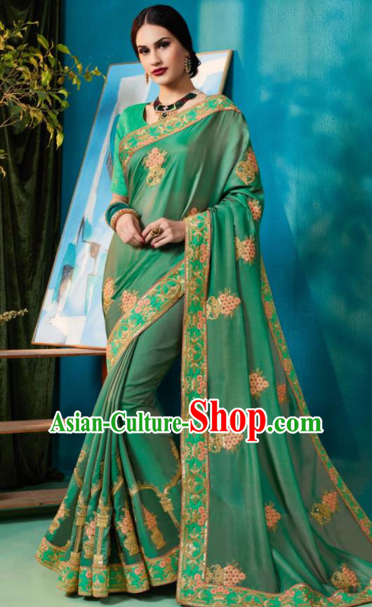 Traditional Indian Sari Embroidered Green Silk Dress Asian India National Bollywood Costumes for Women