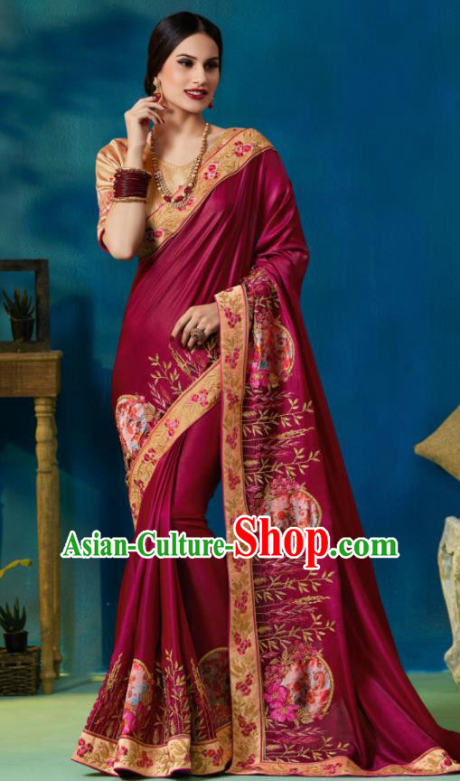 Traditional Indian Sari Embroidered Wine Red Silk Dress Asian India National Bollywood Costumes for Women