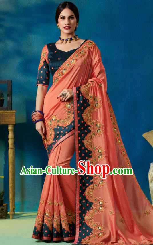 Traditional Indian Sari Embroidered Peachy Silk Dress Asian India National Bollywood Costumes for Women