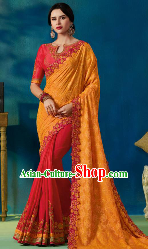 Traditional Indian Sari Embroidered Yellow and Rosy Silk Dress Asian India National Bollywood Costumes for Women