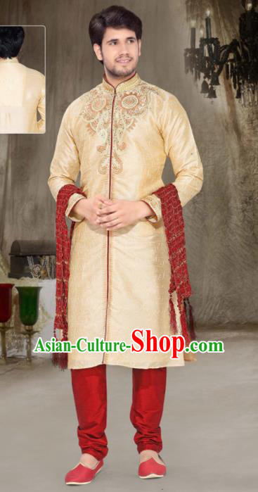 Asian Indian Sherwani Embroidered Apricot Clothing India Traditional Wedding Bridegroom Costumes Complete Set for Men