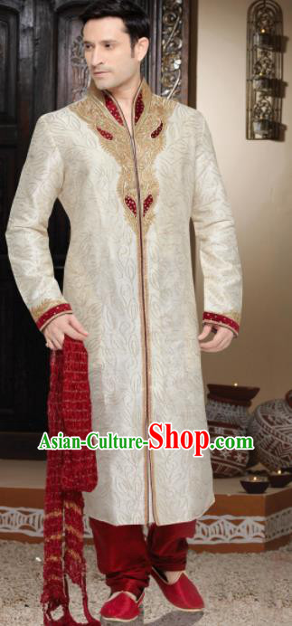 Asian Indian Sherwani Bridegroom Embroidered Apricot Clothing India Traditional Wedding Costumes Complete Set for Men