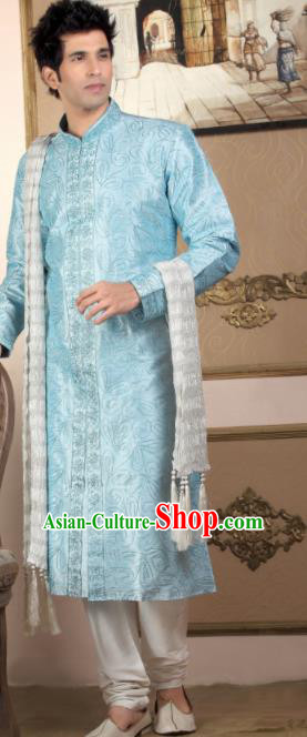 Asian Indian Sherwani Bridegroom Light Blue Clothing India Traditional Wedding Costumes Complete Set for Men