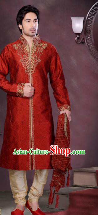 Asian Indian Wedding Sherwani Bridegroom Red Silk Clothing India Traditional Embroidered Costumes Complete Set for Men