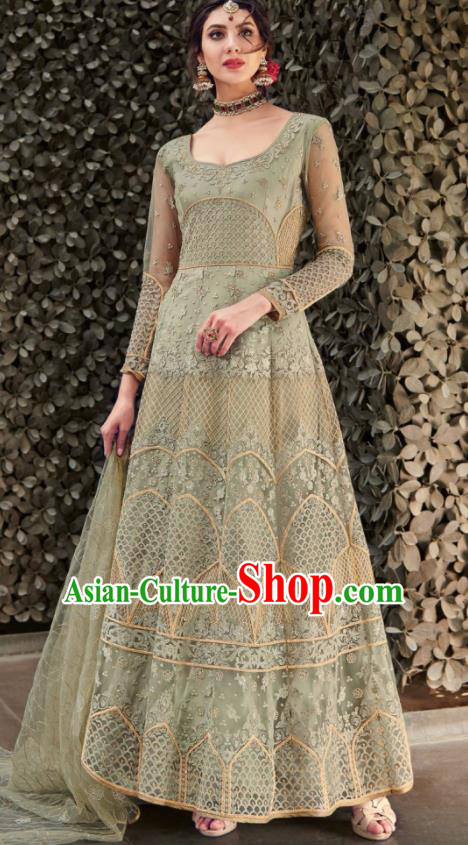 Traditional Indian Embroidered Light Green Anarkali Dress Asian India National Costumes for Women