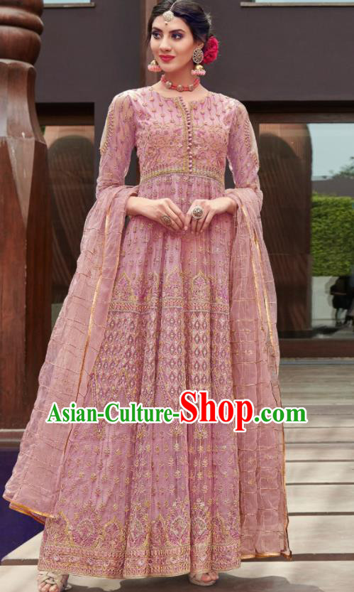 Traditional Indian Embroidered Pink Anarkali Dress Asian India National Costumes for Women