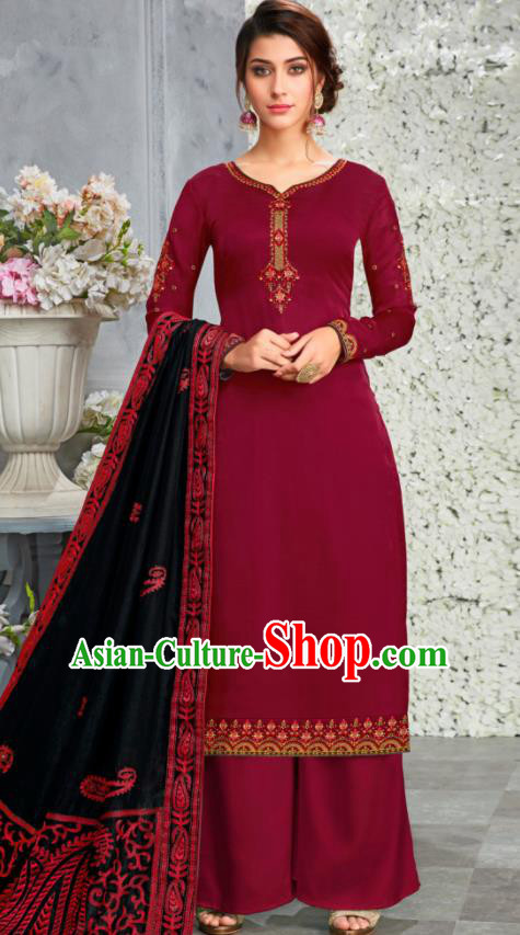 Traditional Indian Lehenga Embroidered Wine Red Blouse and Pants Asian India Punjab National Costumes for Women