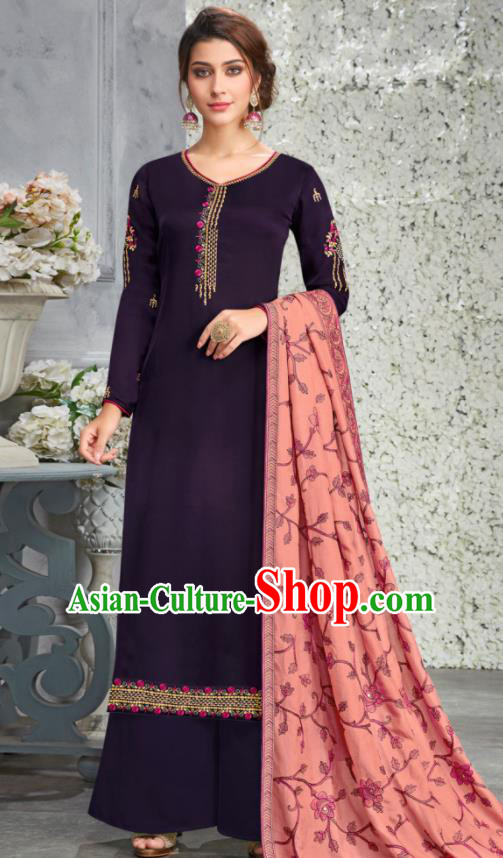 Traditional Indian Lehenga Embroidered Purple Blouse and Pants Asian India Punjab National Costumes for Women
