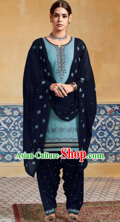 Traditional Indian Punjab Blue Satin Blouse and Navy Pants Asian India National Costumes for Women