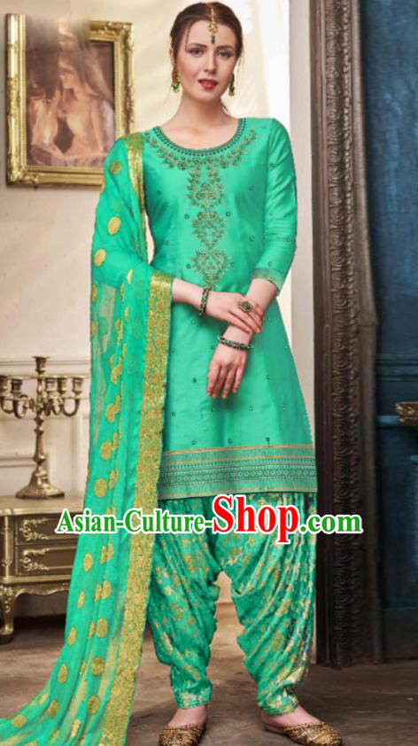 Traditional Indian Punjab Green Satin Blouse and Pants Asian India National Costumes for Women